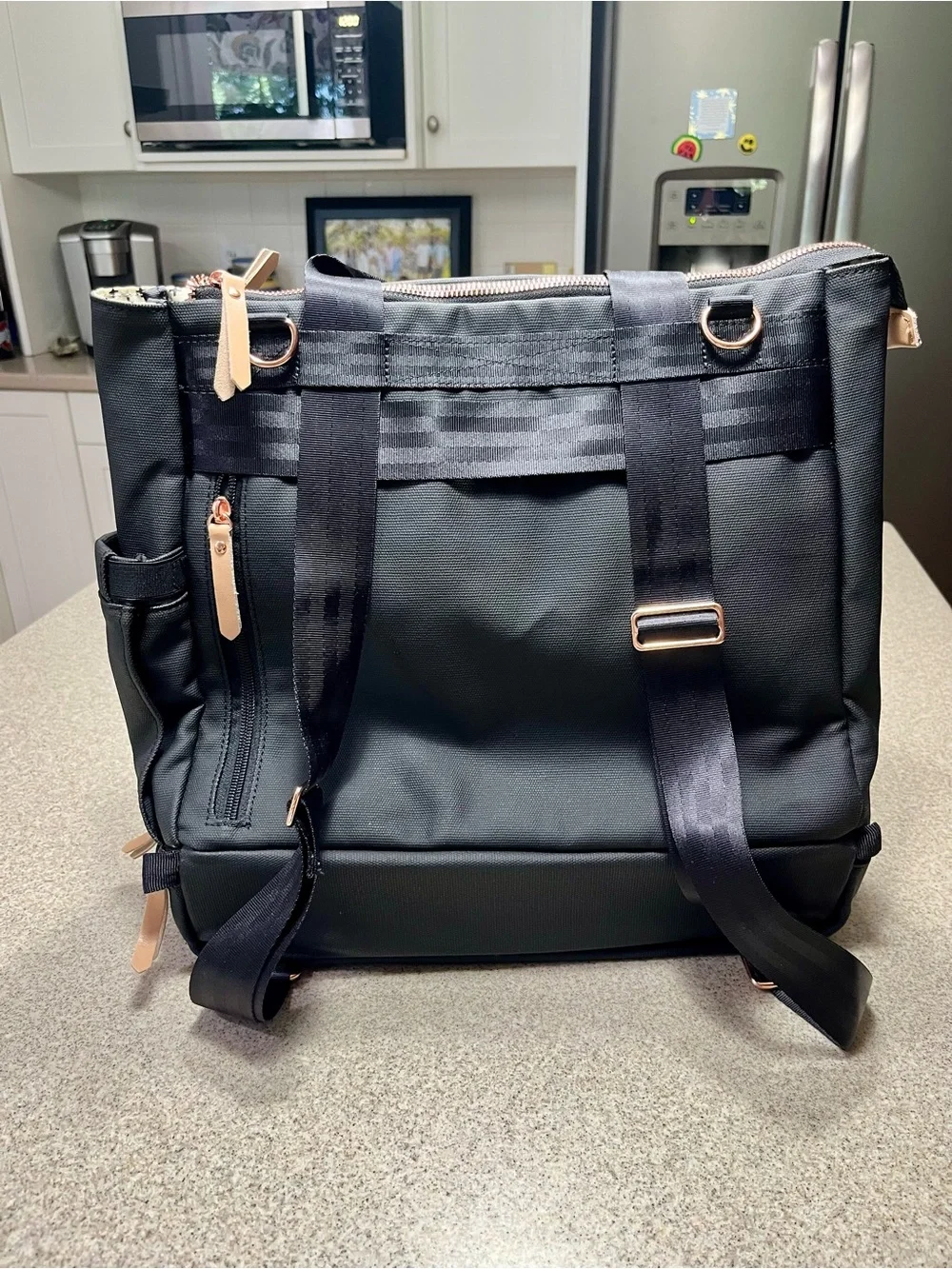 Petunia Pickle Bottom Cream and Black Cross-Print Bag with Rose Gold Hardware